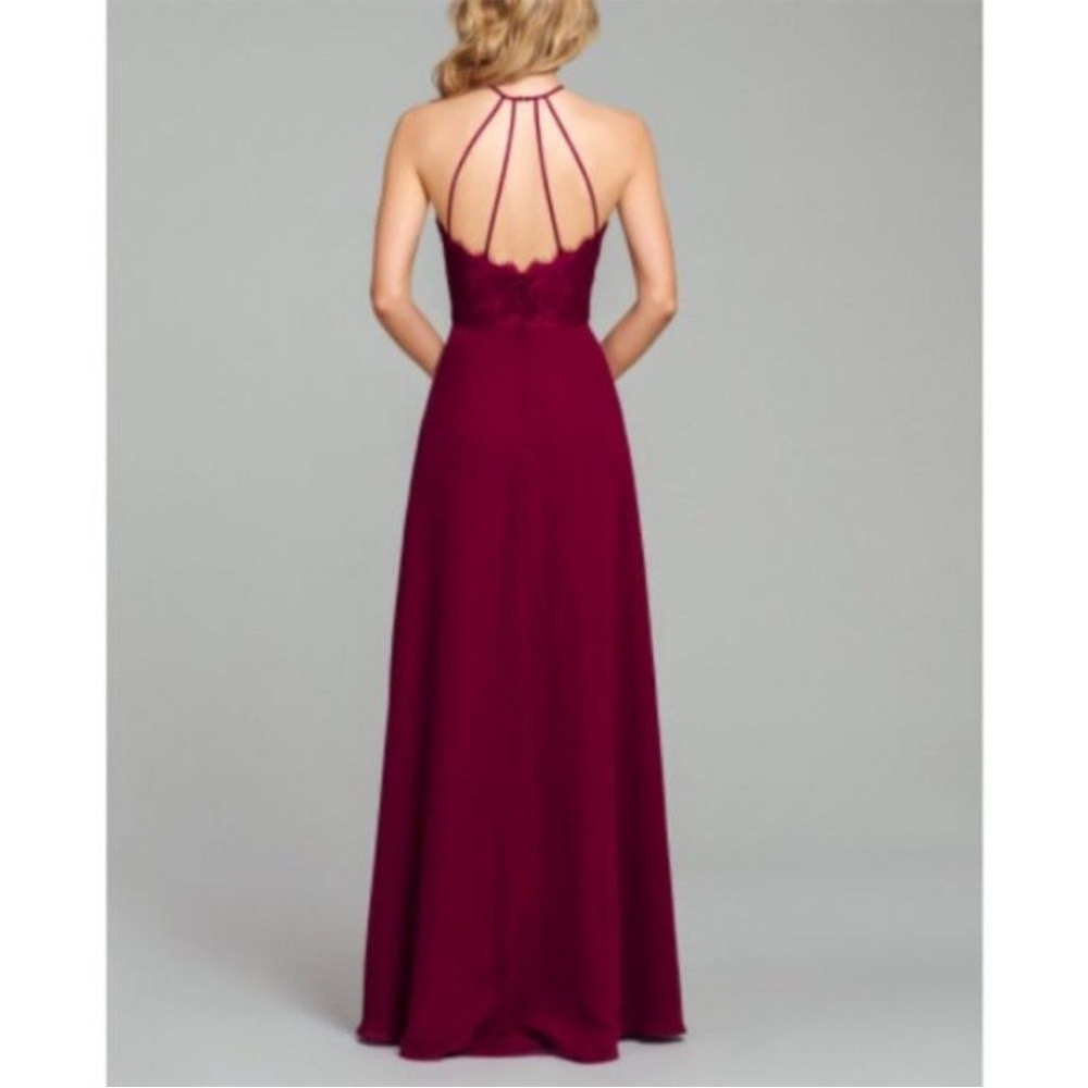 Hayley Paige Burgundy Halter Keyhole Lace Dress - Picture 2 of 12